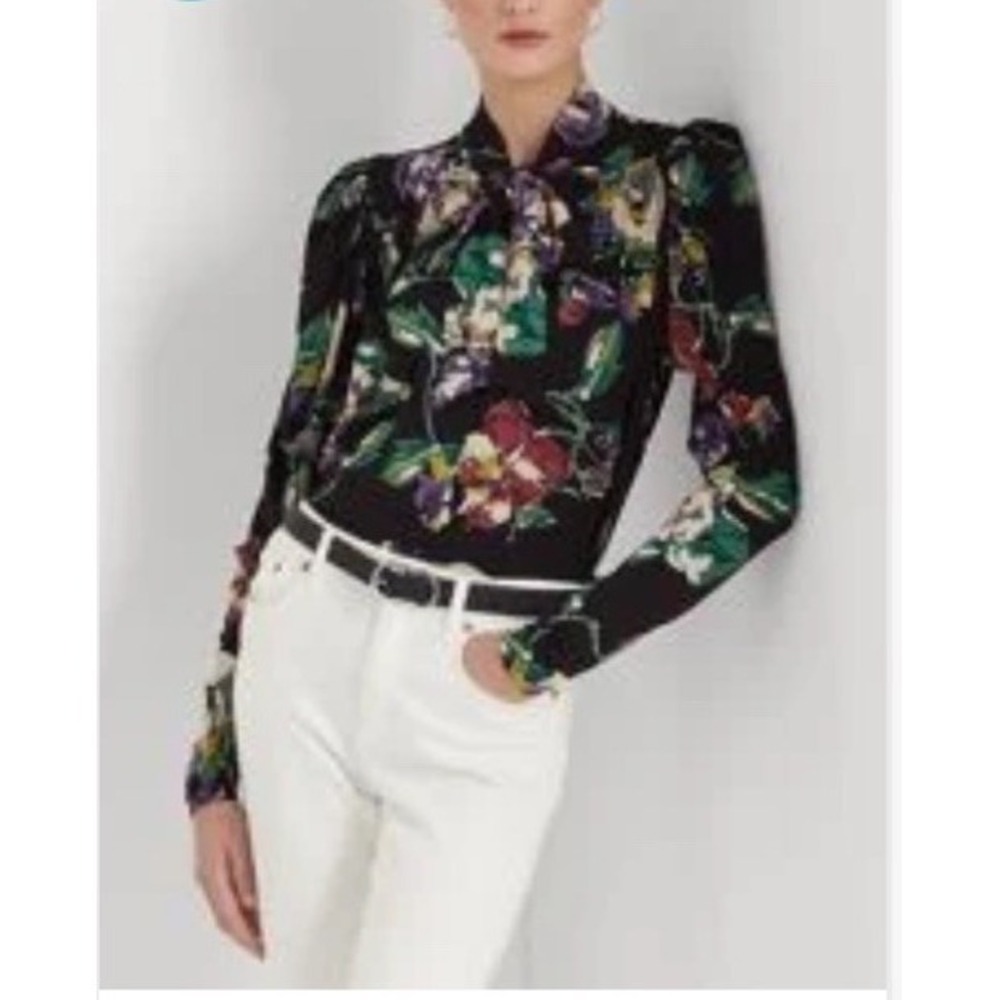 Ralph‎ Lauren black floral pleated jersey tie neck Top Long Puffy Sleeves Sz M